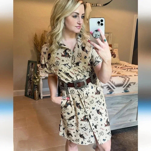 New! Cowboy Rodeo Western Print Button Down Short Sleeve Dress - Picture 5 of 5
